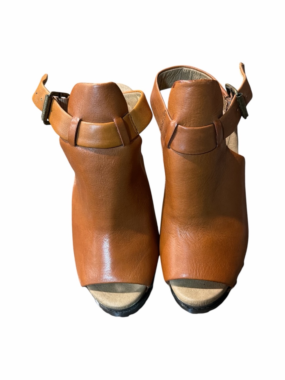 Jessica Simpson Cognac Leather Peep-Toe Wedge Sandals